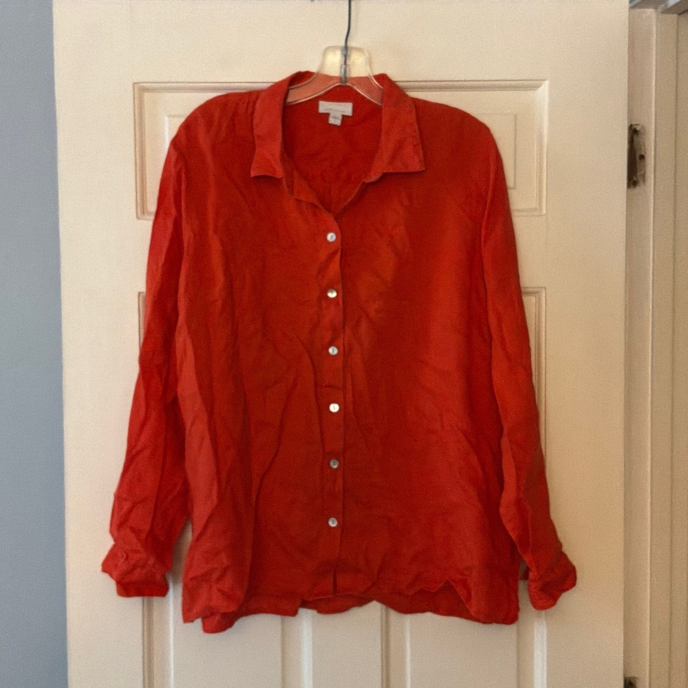 J. Jill Love Linen Orange Button Down Shirt Large Long Sleeve Blouse Casual Top
